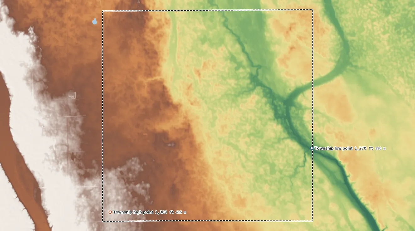 Topographic elevation map of Elliott Township, South Dakota, shaded from 1,270 ft on the east side to 1,360 ft on the southwest side