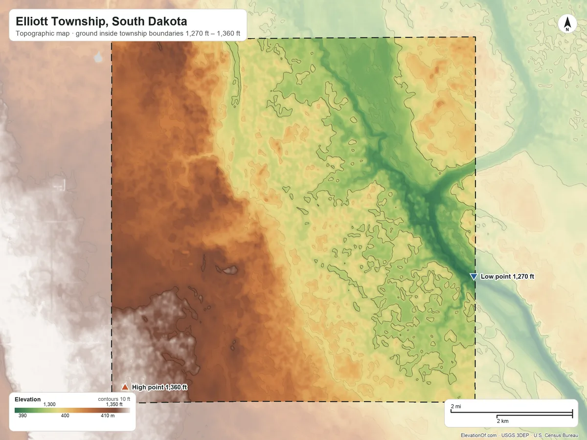 Topographic elevation map of Elliott Township, South Dakota, shaded from 1,270 ft on the east side to 1,360 ft on the southwest side