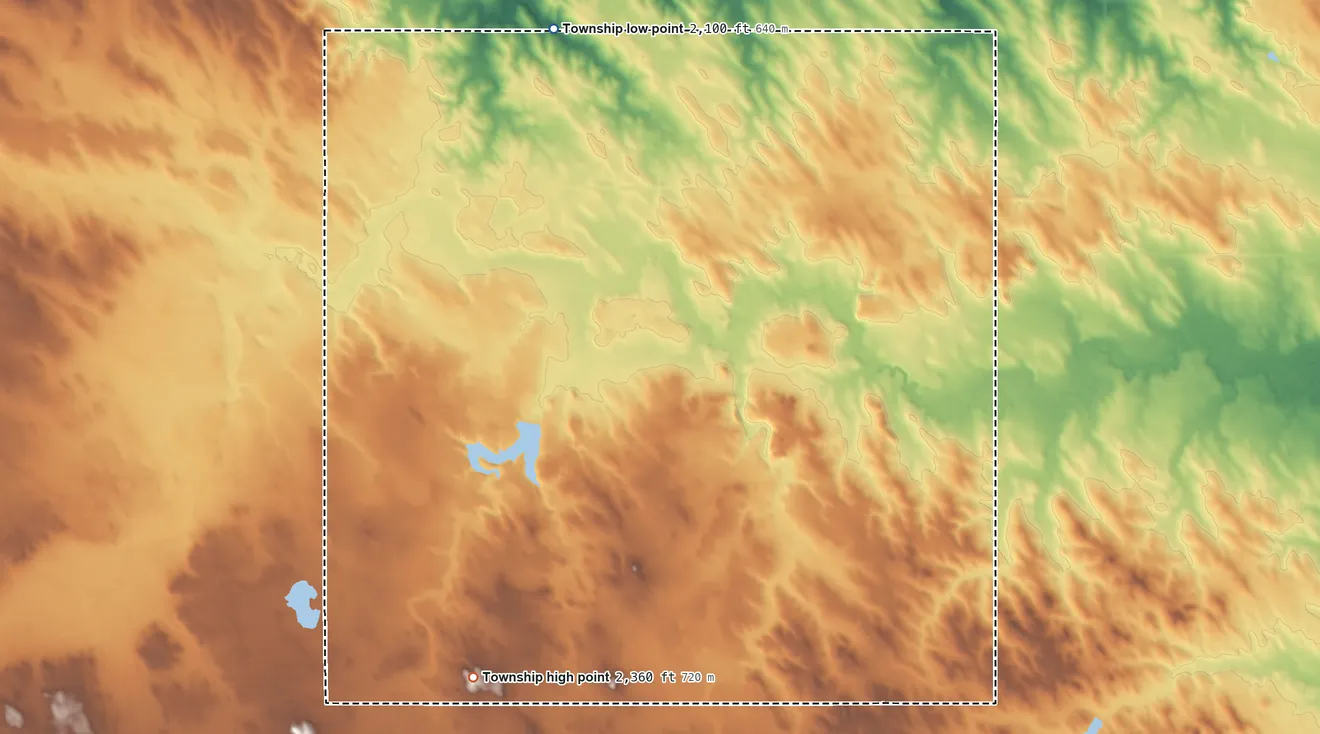 Topographic elevation map of Elliston Township, South Dakota, shaded from 2,100 ft on the northwest side to 2,360 ft on the southwest side