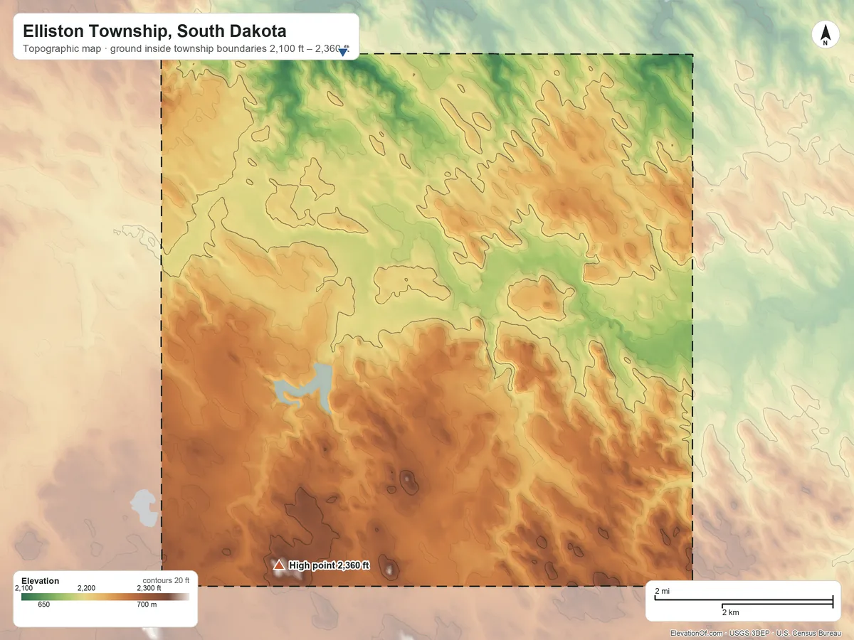 Topographic elevation map of Elliston Township, South Dakota, shaded from 2,100 ft on the northwest side to 2,360 ft on the southwest side