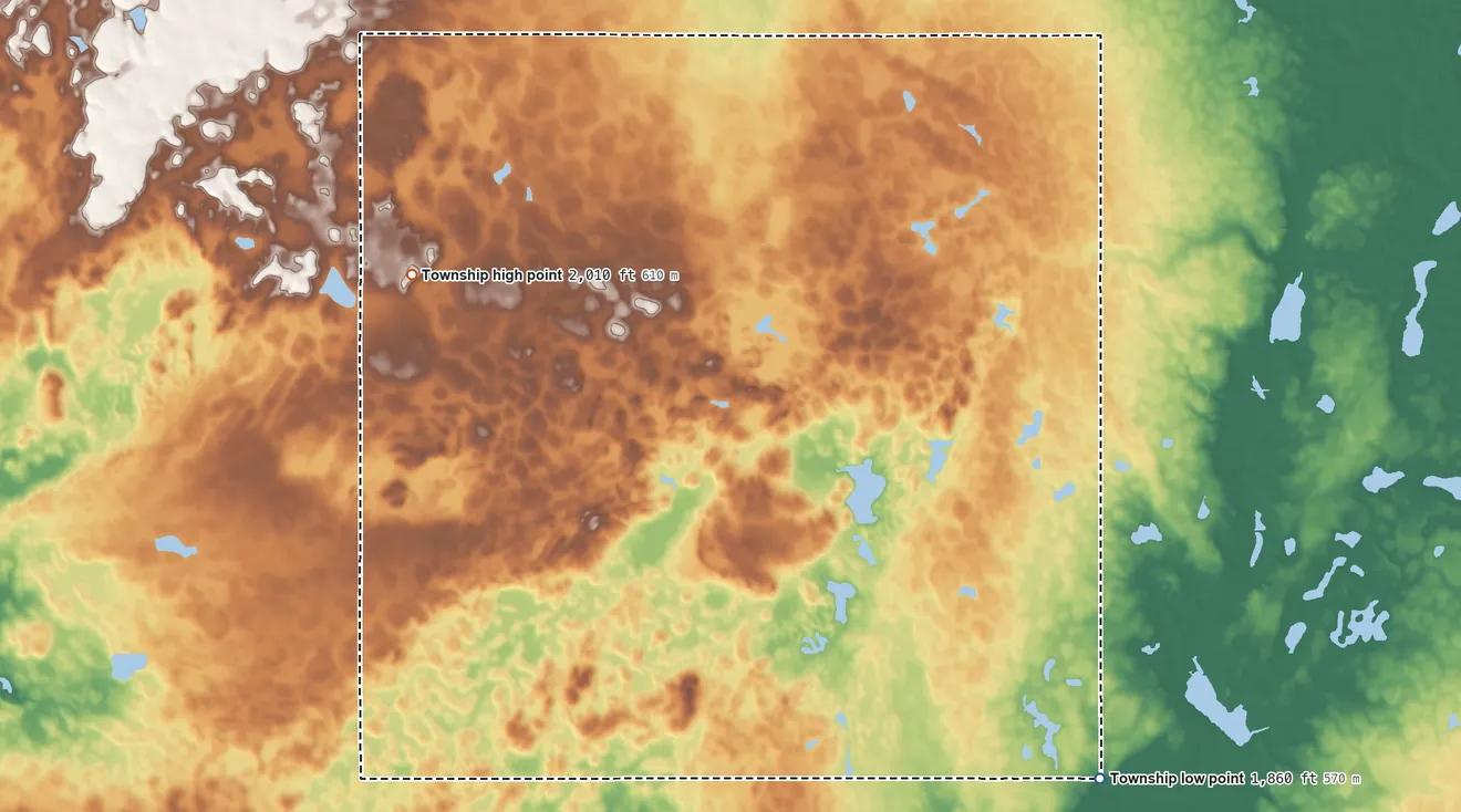 Topographic elevation map of Ellisville Township, South Dakota, shaded from 1,860 ft on the southeast side to 2,010 ft on the northwest side
