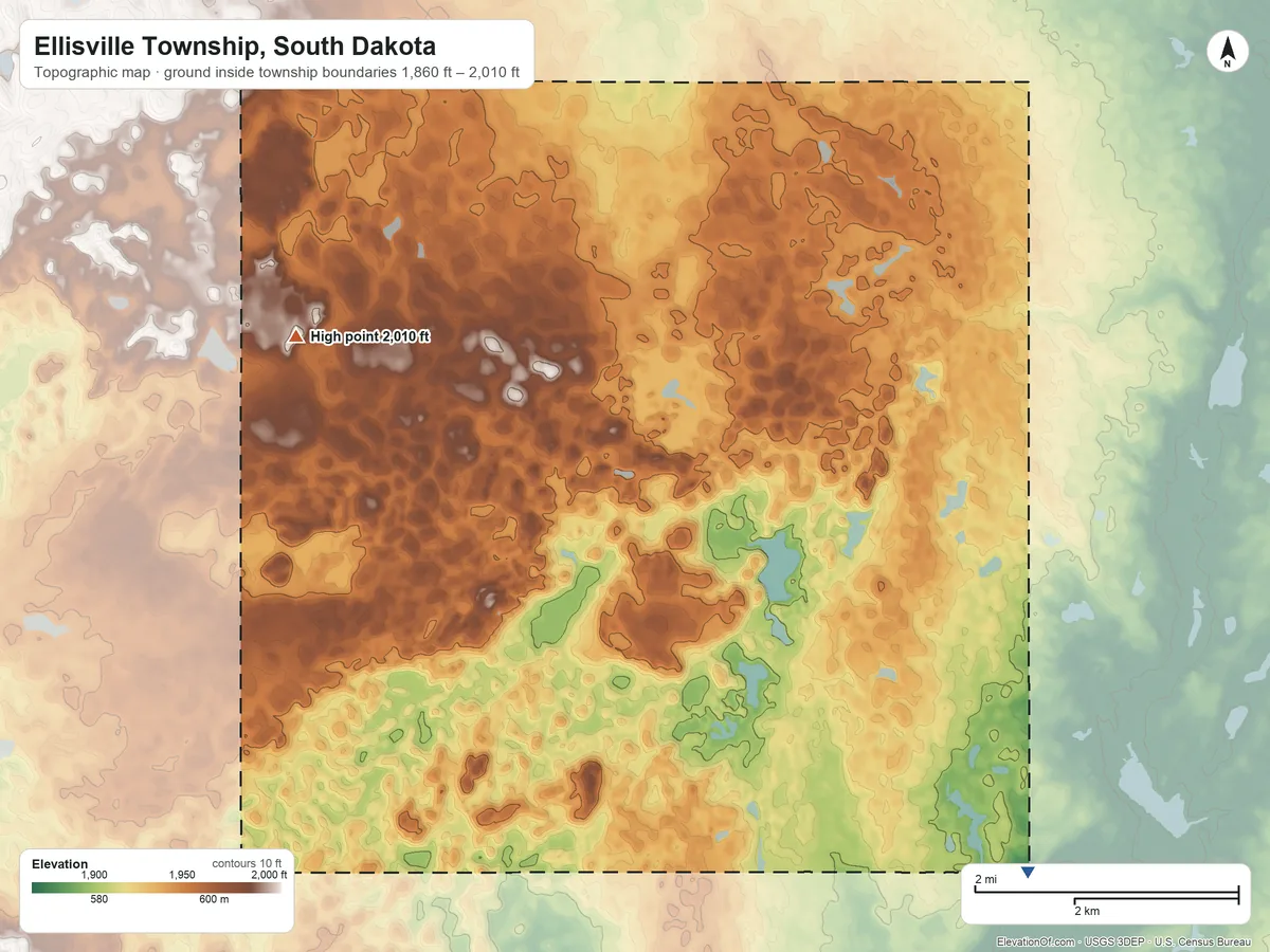 Topographic elevation map of Ellisville Township, South Dakota, shaded from 1,860 ft on the southeast side to 2,010 ft on the northwest side