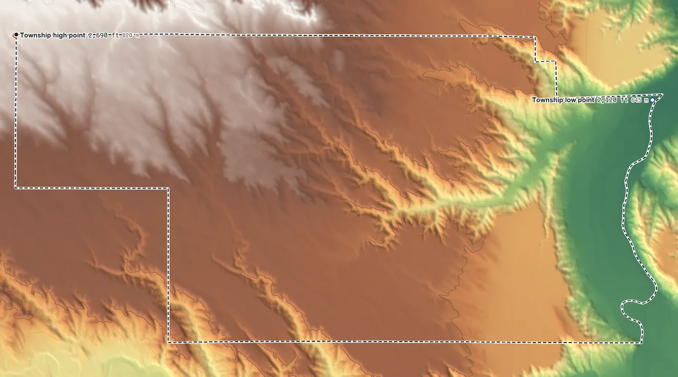 Topographic elevation map of Elm Springs Township, South Dakota, shaded from 2,120 ft on the east side to 2,690 ft near the middle