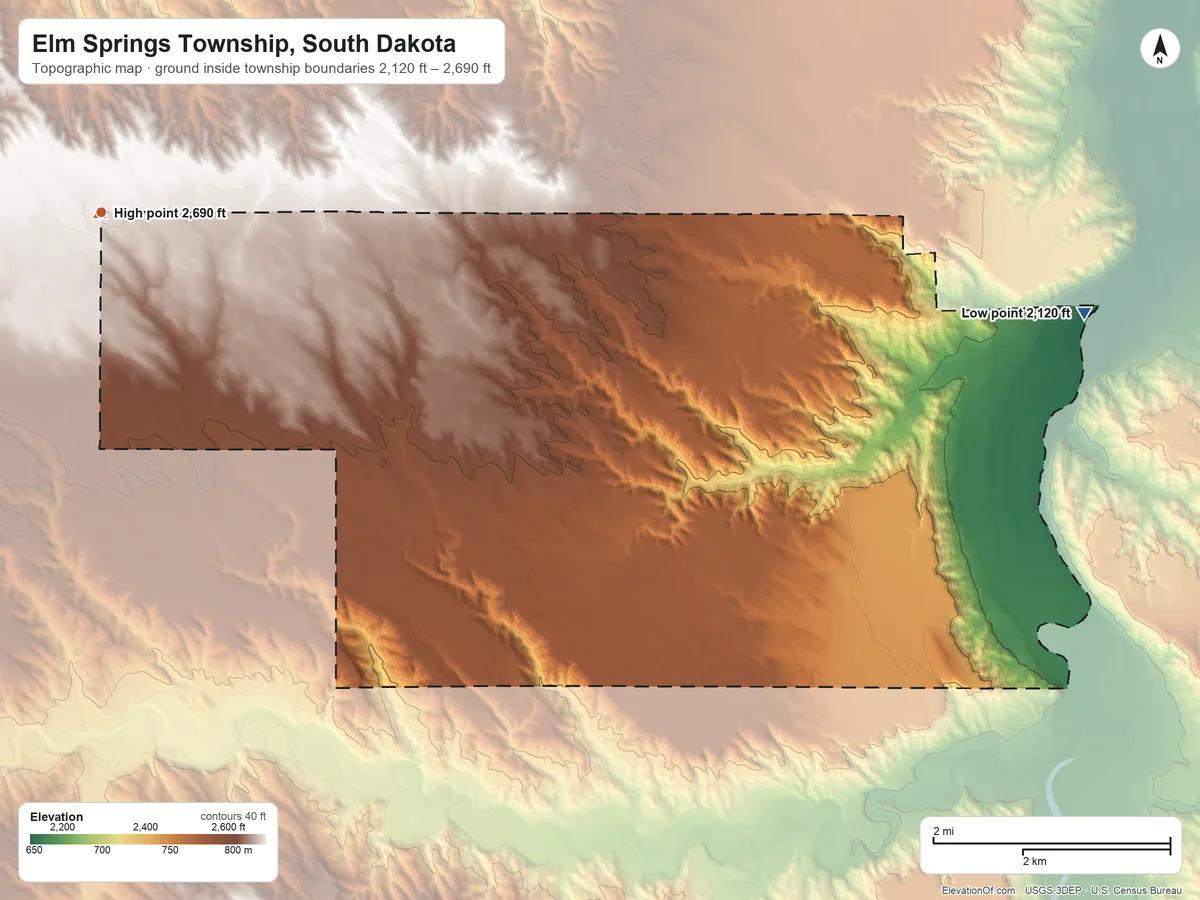 Topographic elevation map of Elm Springs Township, South Dakota, shaded from 2,120 ft on the east side to 2,690 ft near the middle