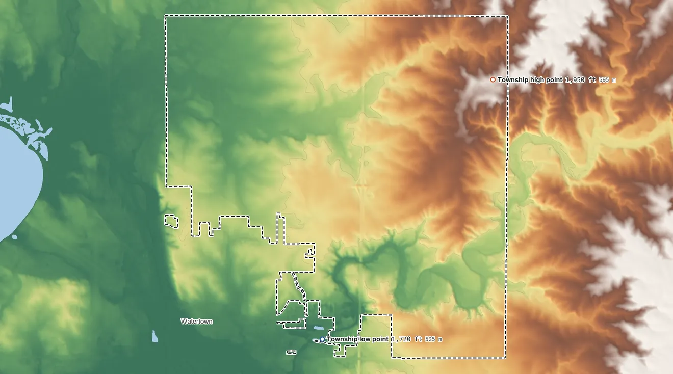 Topographic elevation map of Elmira Township, South Dakota, shaded from 1,720 ft on the south side to 1,950 ft on the northeast side
