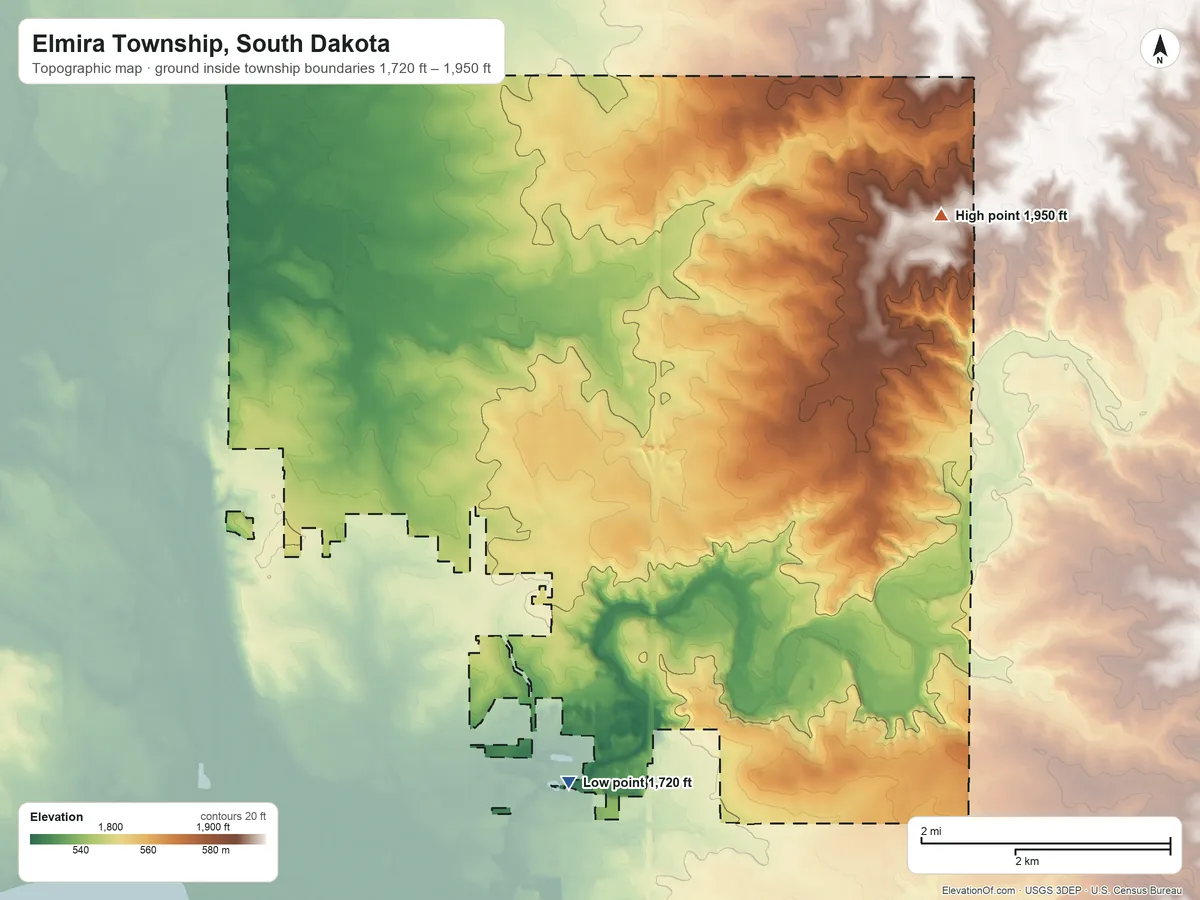 Topographic elevation map of Elmira Township, South Dakota, shaded from 1,720 ft on the south side to 1,950 ft on the northeast side