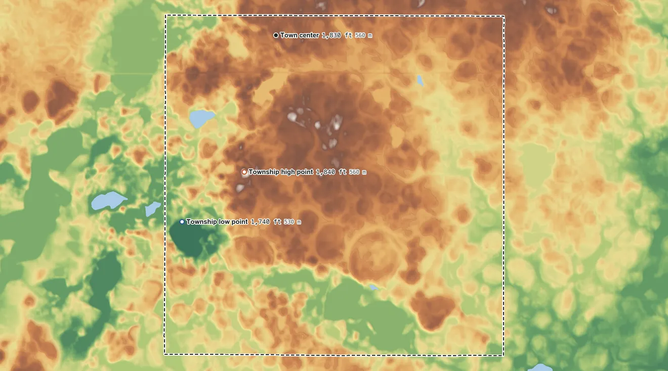 Topographic elevation map of Elrod Township, South Dakota, shaded from 1,740 ft on the southwest side to 1,840 ft on the south side