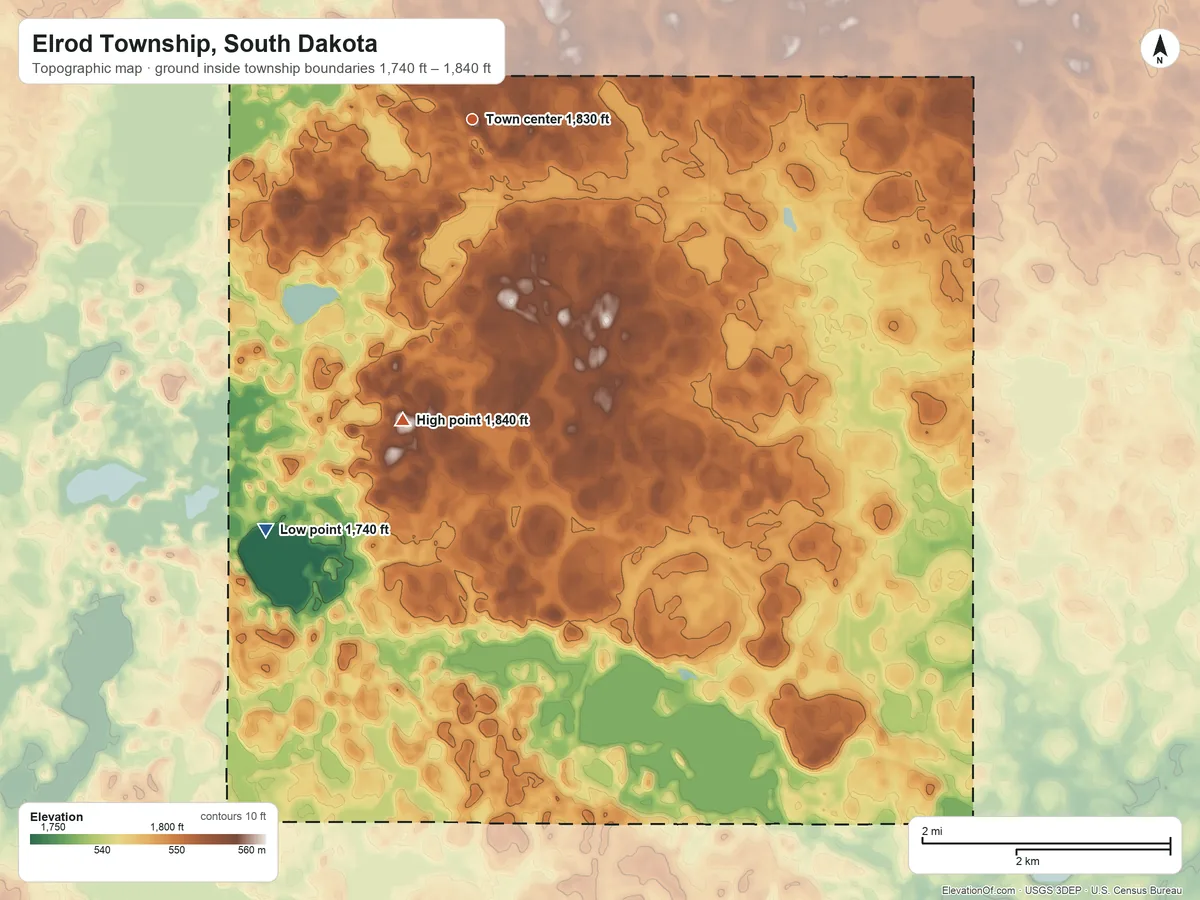 Topographic elevation map of Elrod Township, South Dakota, shaded from 1,740 ft on the southwest side to 1,840 ft on the south side