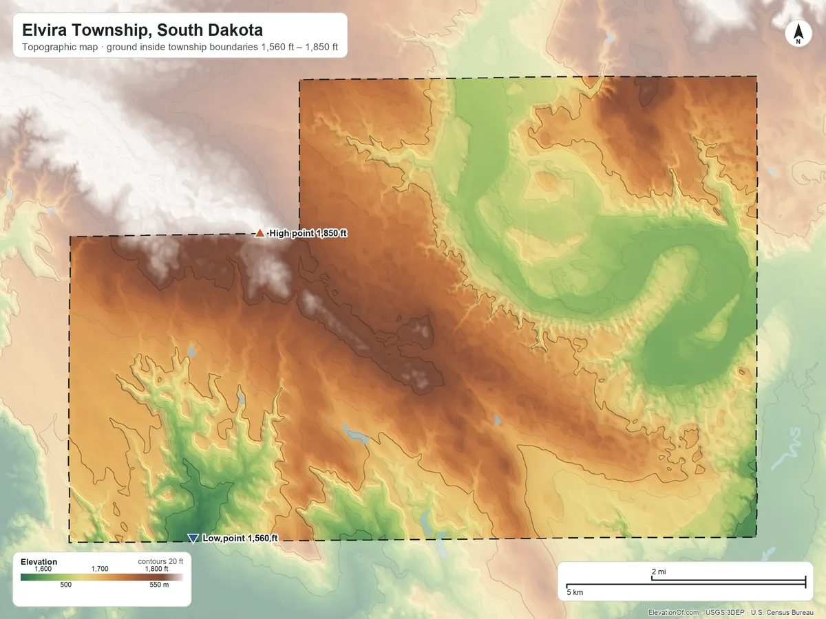 Topographic elevation map of Elvira Township, South Dakota, shaded from 1,560 ft on the west side to 1,850 ft on the northwest side