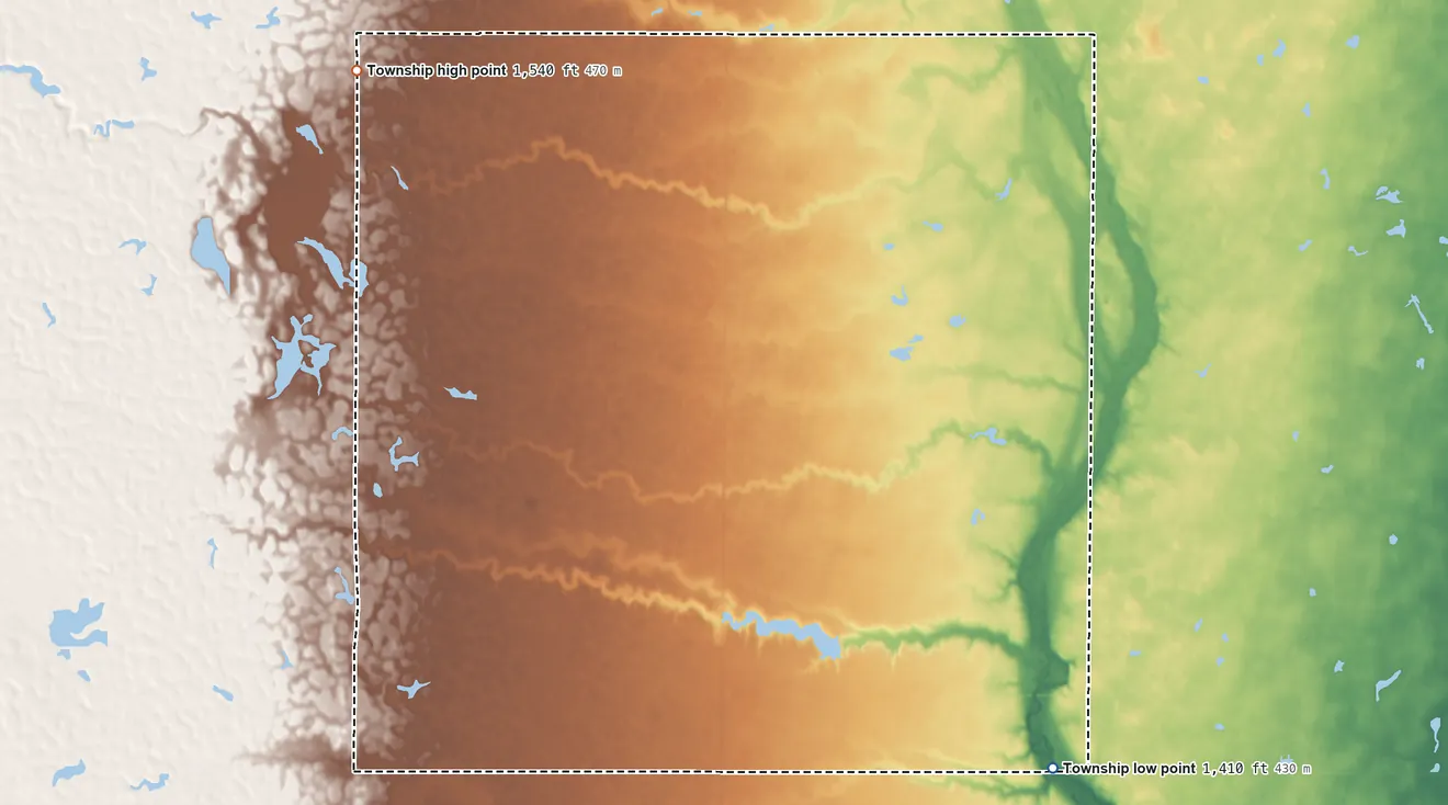 Topographic elevation map of Emerson Township, South Dakota, shaded from 1,410 ft on the south side to 1,540 ft on the northwest side