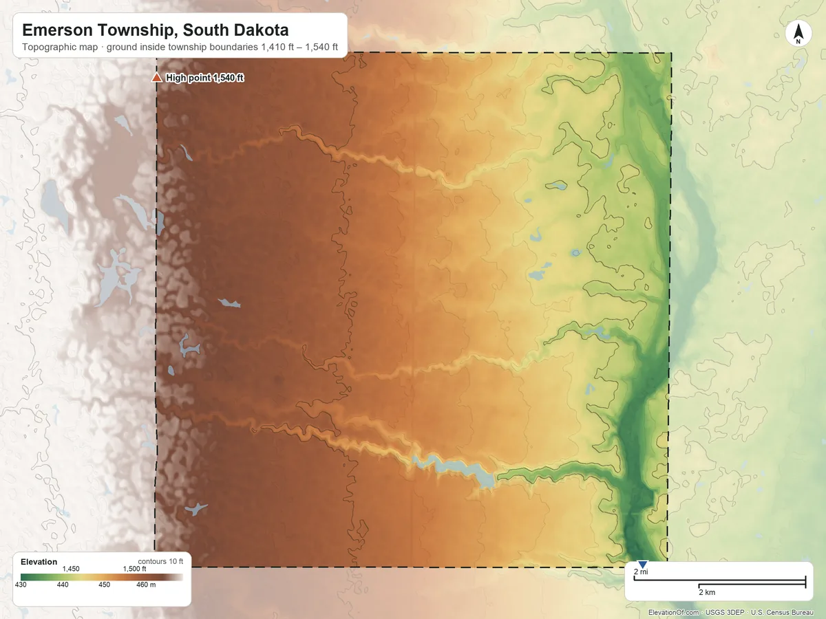 Topographic elevation map of Emerson Township, South Dakota, shaded from 1,410 ft on the south side to 1,540 ft on the northwest side