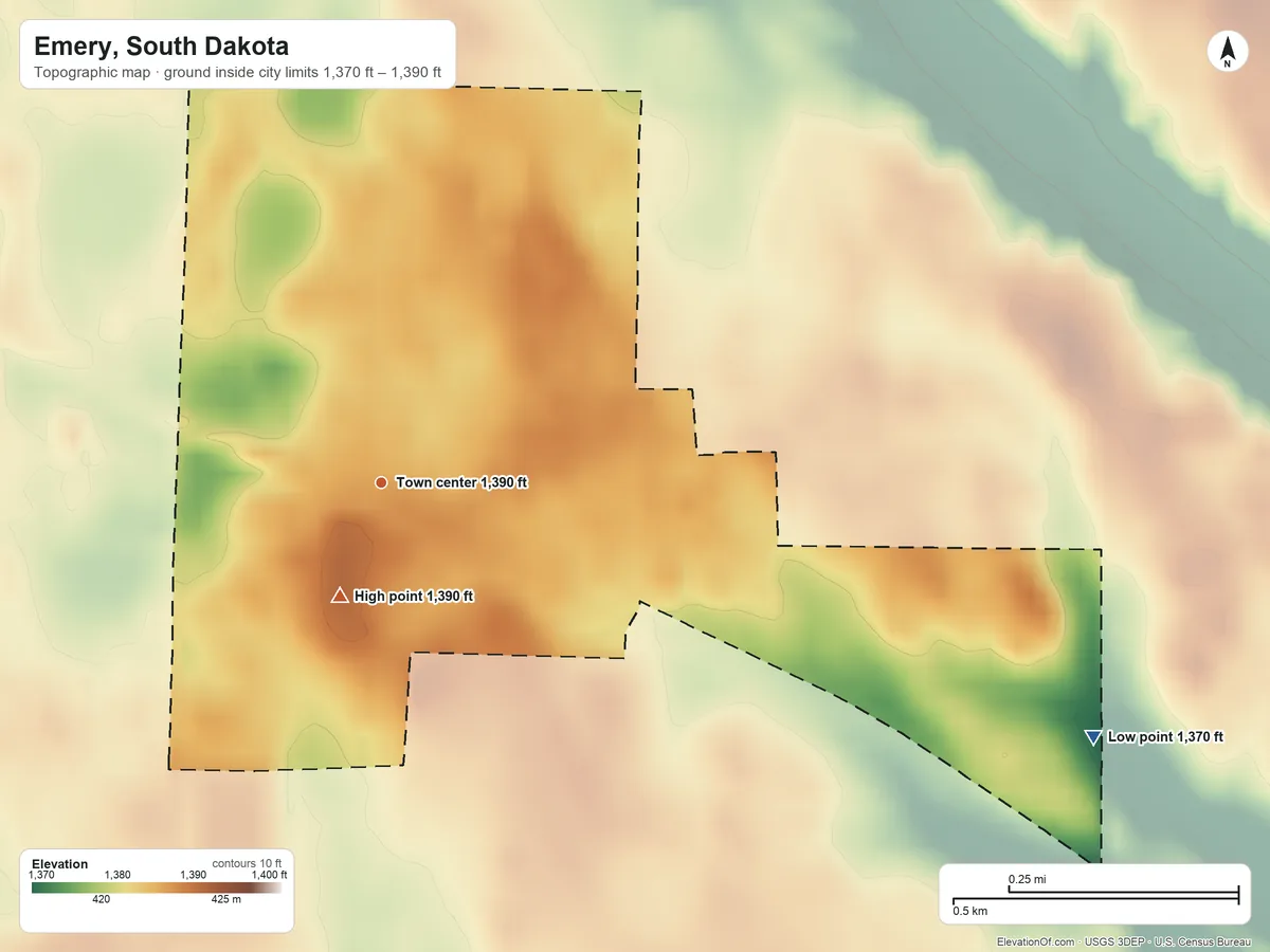 Topographic elevation map of Emery, South Dakota, shaded from 1,370 ft on the east side to 1,390 ft near the middle