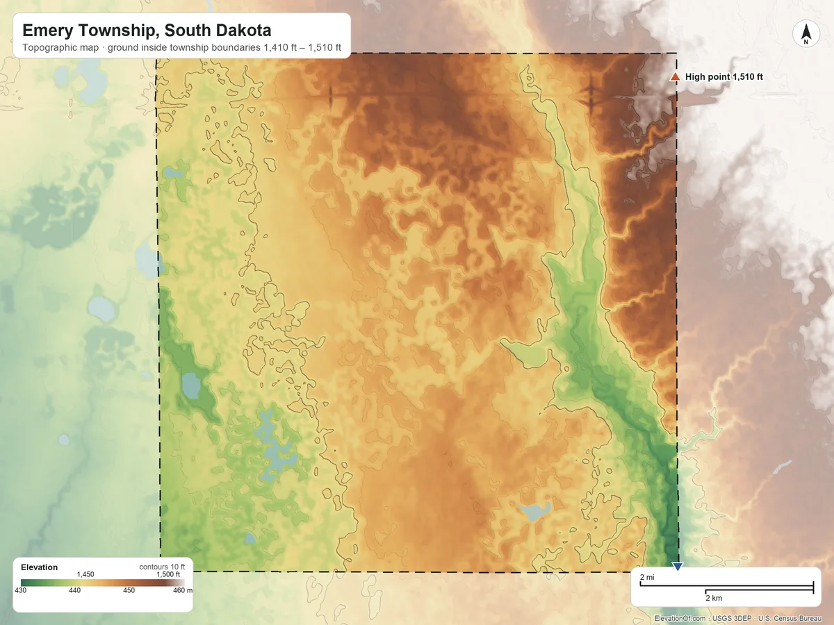 Topographic elevation map of Emery Township, South Dakota, shaded from 1,410 ft on the southeast side to 1,510 ft on the northeast side