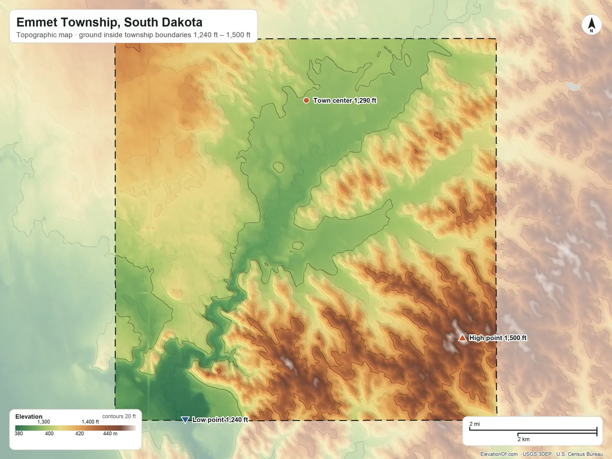 Topographic elevation map of Emmet Township, South Dakota, shaded from 1,240 ft on the south side to 1,500 ft on the southeast side