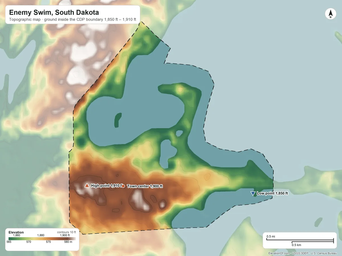 Topographic elevation map of Enemy Swim, South Dakota, shaded from 1,850 ft on the east side to 1,910 ft on the west side