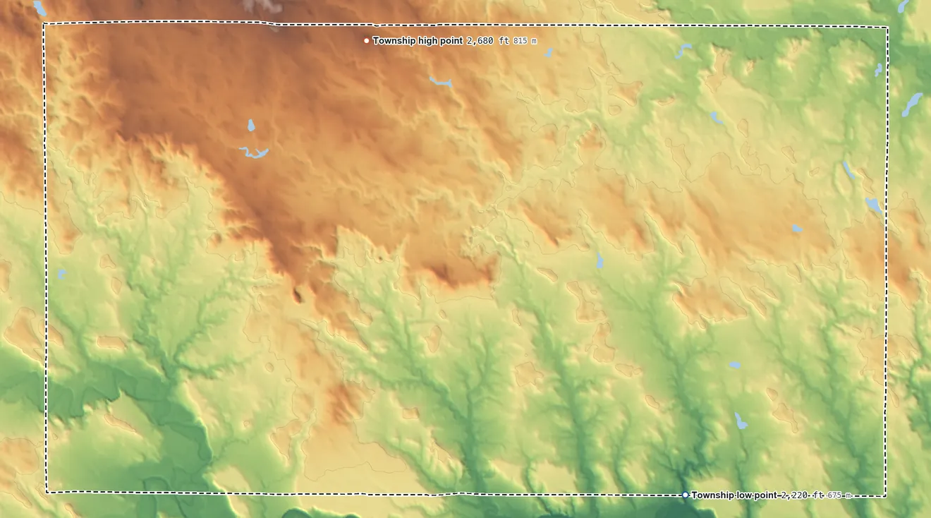 Topographic elevation map of Englewood Township, South Dakota, shaded from 2,220 ft on the south side to 2,679 ft on Wedgetent Butte
