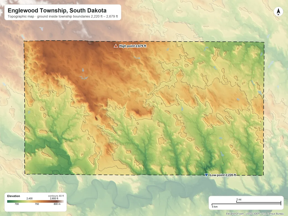 Topographic elevation map of Englewood Township, South Dakota, shaded from 2,220 ft on the south side to 2,679 ft on Wedgetent Butte