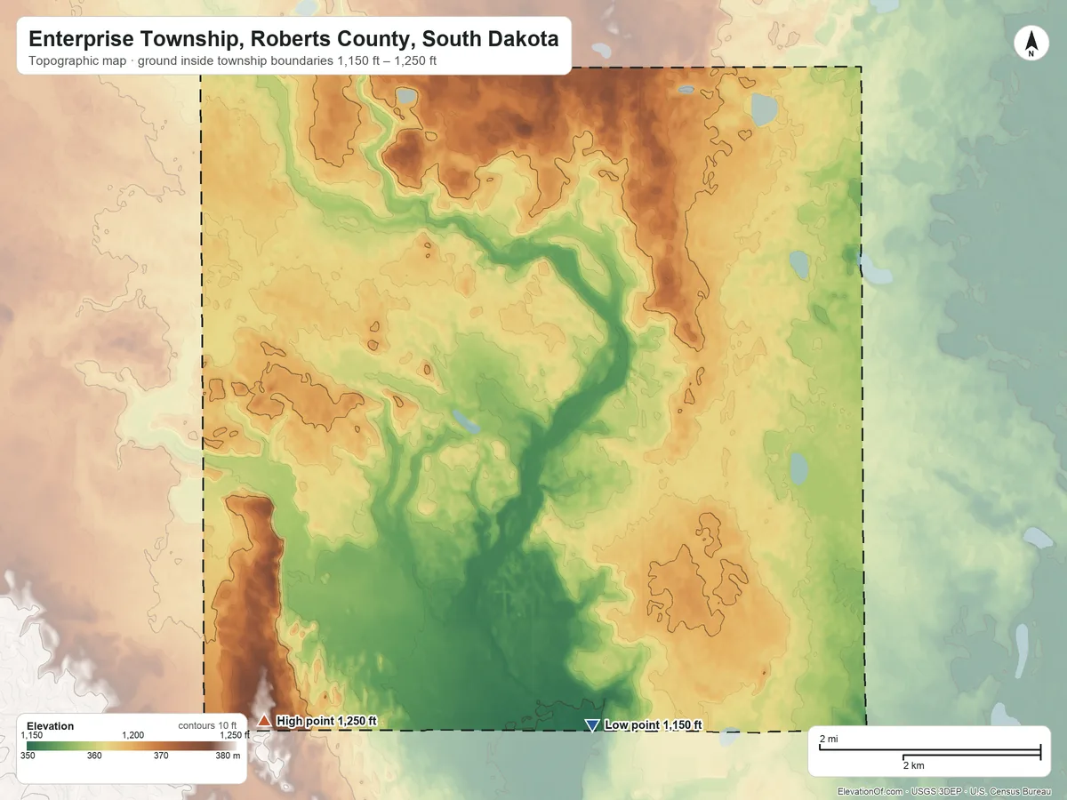 Topographic elevation map of Enterprise Township, Roberts County, South Dakota, shaded from 1,150 ft on the south side to 1,250 ft on the southwest side