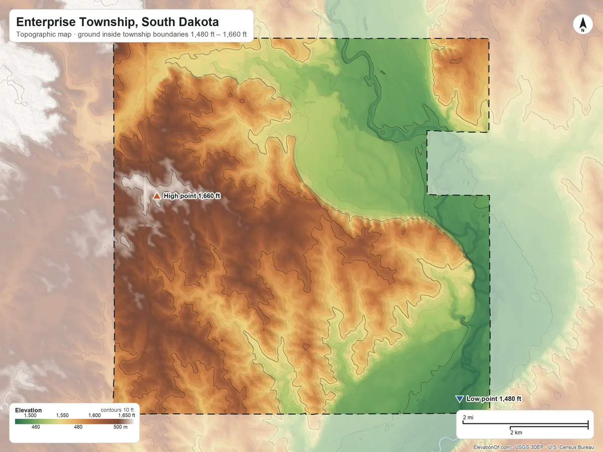 Topographic elevation map of Enterprise Township, South Dakota, shaded from 1,480 ft on the southeast side to 1,660 ft on the west side