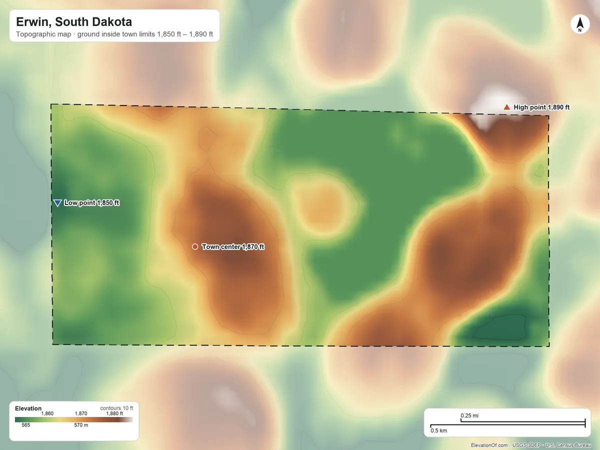 Topographic elevation map of Erwin, South Dakota, shaded from 1,850 ft on the west side to 1,890 ft on the northeast side