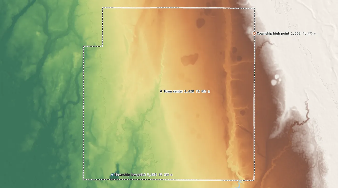 Topographic elevation map of Esmond Township, South Dakota, shaded from 1,340 ft on the southwest side to 1,560 ft on the northeast side