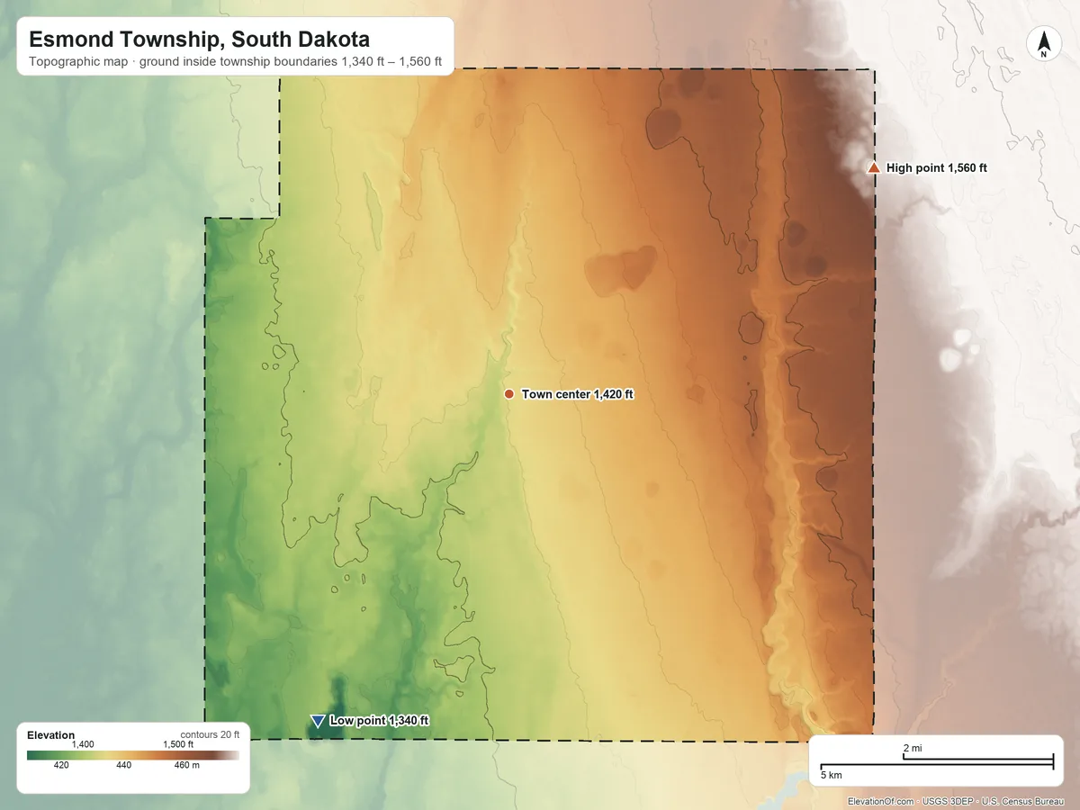 Topographic elevation map of Esmond Township, South Dakota, shaded from 1,340 ft on the southwest side to 1,560 ft on the northeast side