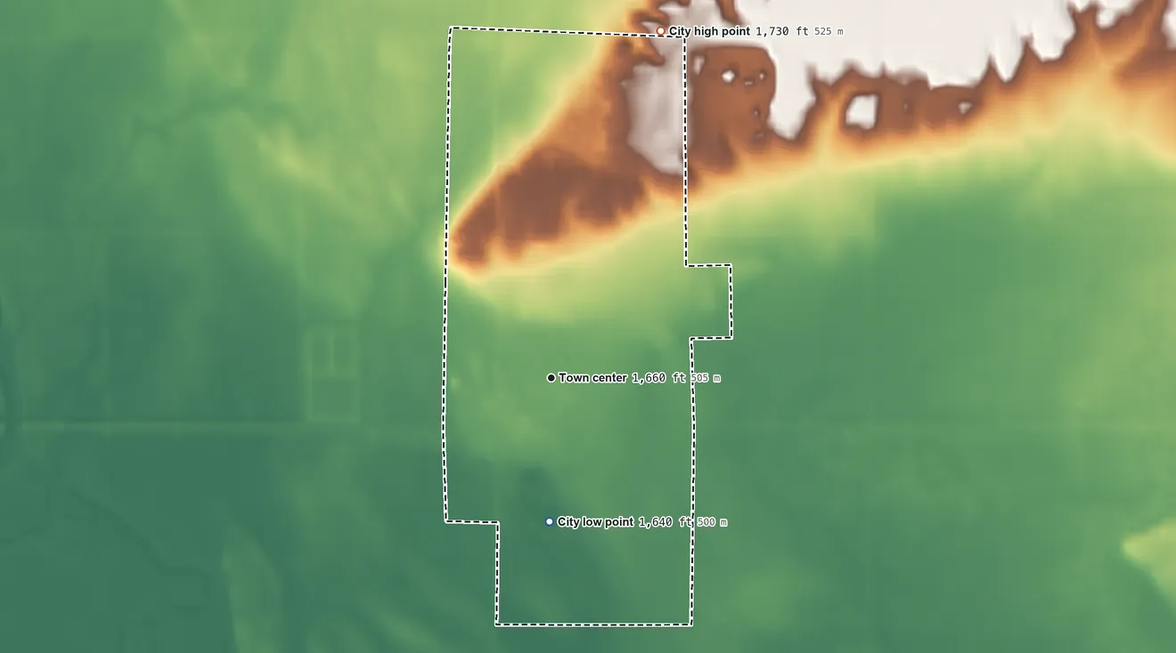 Topographic elevation map of Estelline, South Dakota, shaded from 1,640 ft on the south side to 1,730 ft on the north side