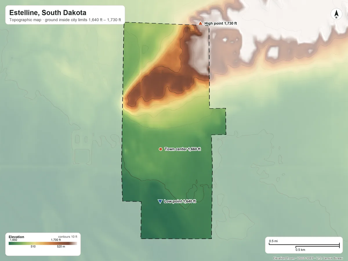 Topographic elevation map of Estelline, South Dakota, shaded from 1,640 ft on the south side to 1,730 ft on the north side