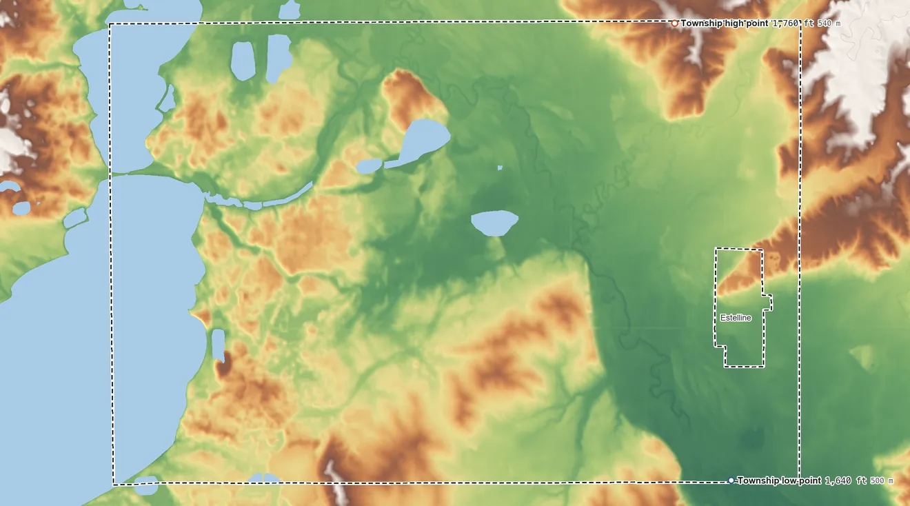 Topographic elevation map of Estelline Township, South Dakota, shaded from 1,640 ft on the southeast side to 1,760 ft on the northeast side