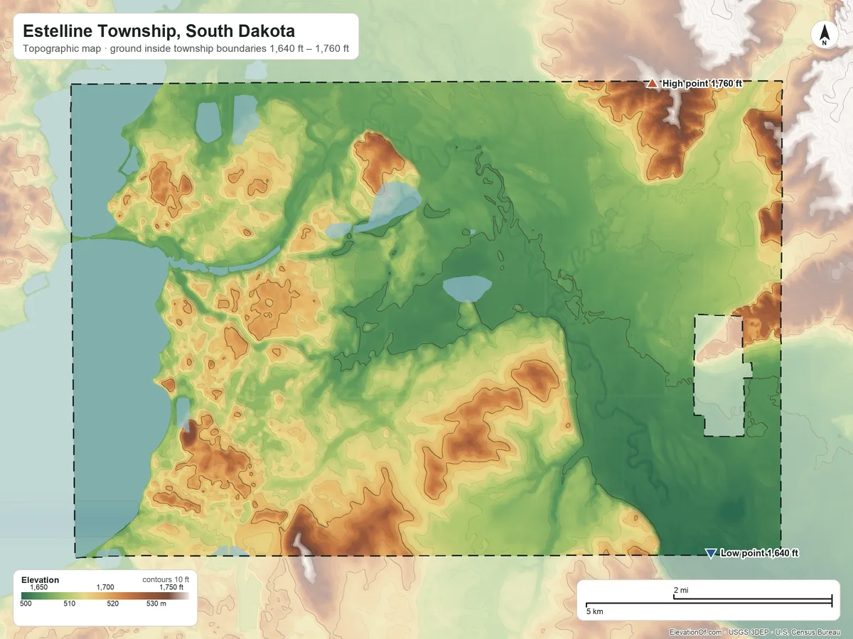 Topographic elevation map of Estelline Township, South Dakota, shaded from 1,640 ft on the southeast side to 1,760 ft on the northeast side