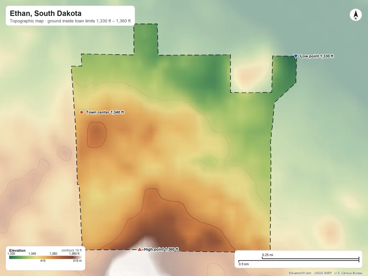Topographic elevation map of Ethan, South Dakota, shaded from 1,330 ft on the east side to 1,360 ft on the southeast side