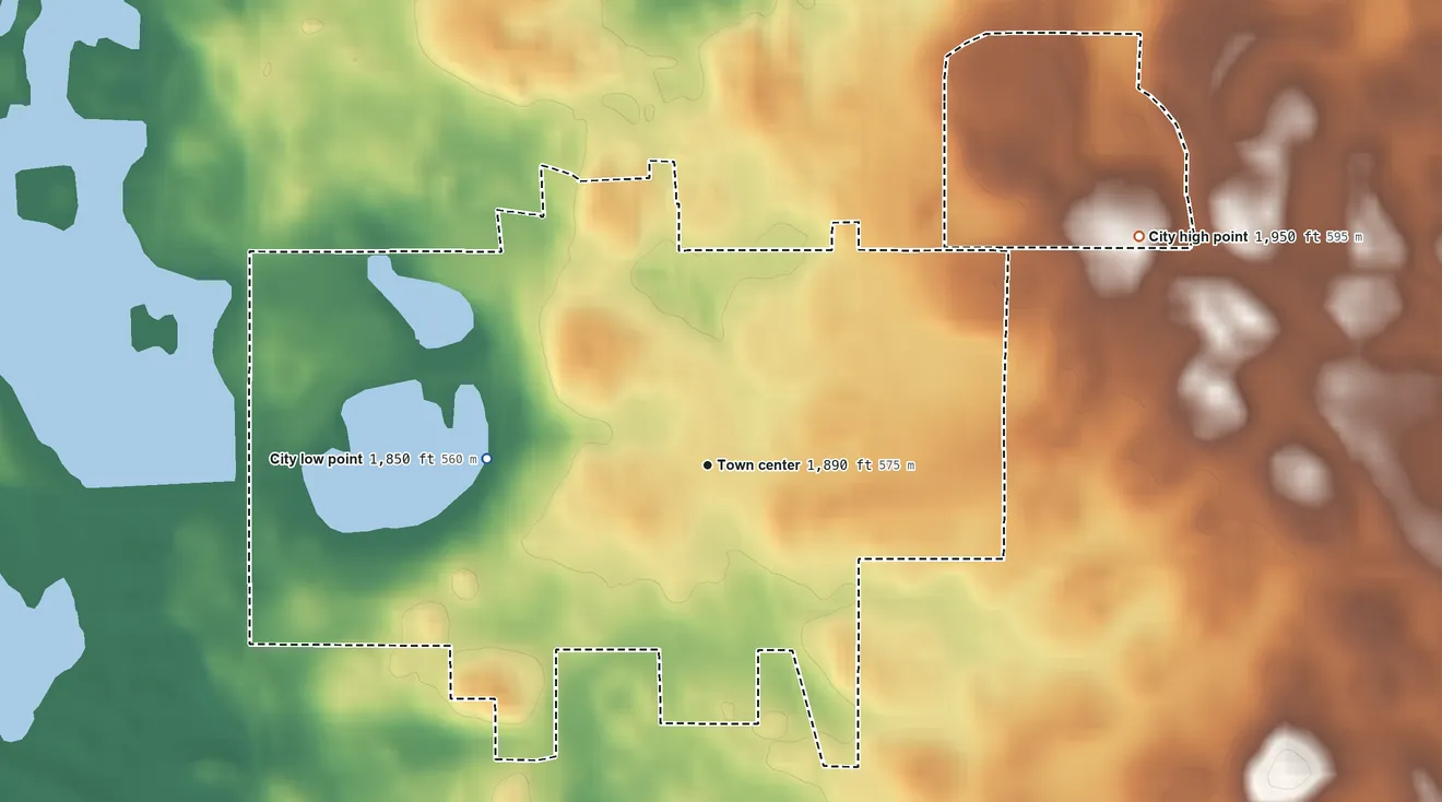 Topographic elevation map of Eureka, South Dakota, shaded from 1,850 ft on the west side to 1,950 ft on the northeast side