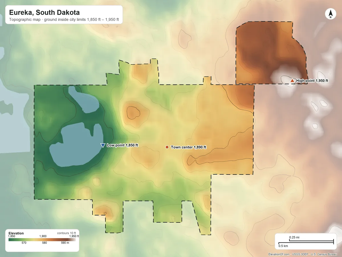 Topographic elevation map of Eureka, South Dakota, shaded from 1,850 ft on the west side to 1,950 ft on the northeast side