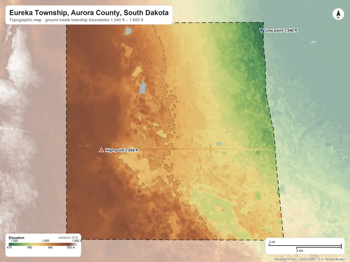 Topographic elevation map of Eureka Township, Aurora County, South Dakota, shaded from 1,540 ft on the northeast side to 1,650 ft on the southwest side