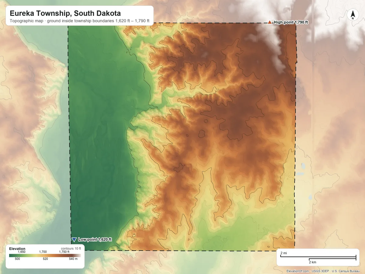Topographic elevation map of Eureka Township, South Dakota, shaded from 1,620 ft on the southwest side to 1,790 ft on the northeast side