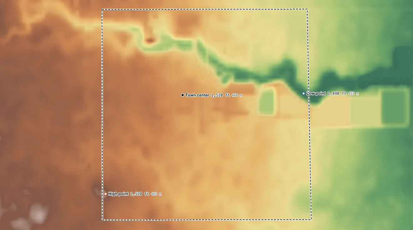 Topographic elevation map of Evergreen Colony, South Dakota, shaded from 1,490 ft on the east side to 1,520 ft on the southwest side