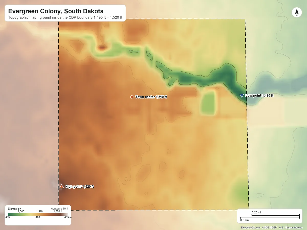Topographic elevation map of Evergreen Colony, South Dakota, shaded from 1,490 ft on the east side to 1,520 ft on the southwest side