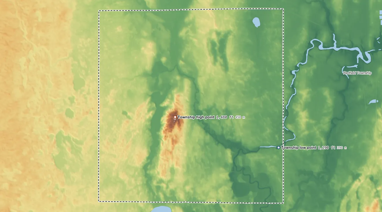 Topographic elevation map of Exline Township, South Dakota, shaded from 1,290 ft on the southeast side to 1,480 ft on Bald Mountain