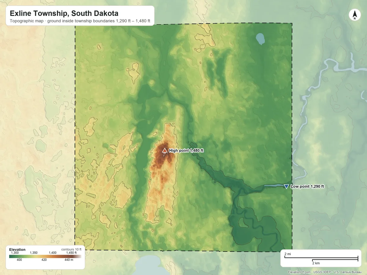 Topographic elevation map of Exline Township, South Dakota, shaded from 1,290 ft on the southeast side to 1,480 ft on Bald Mountain
