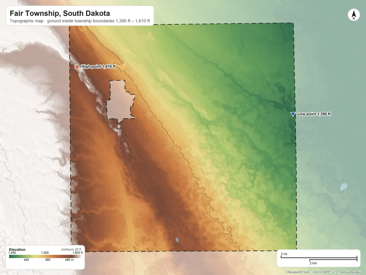 Topographic elevation map of Fair Township, South Dakota, shaded from 1,390 ft on the southeast side to 1,610 ft on the west side