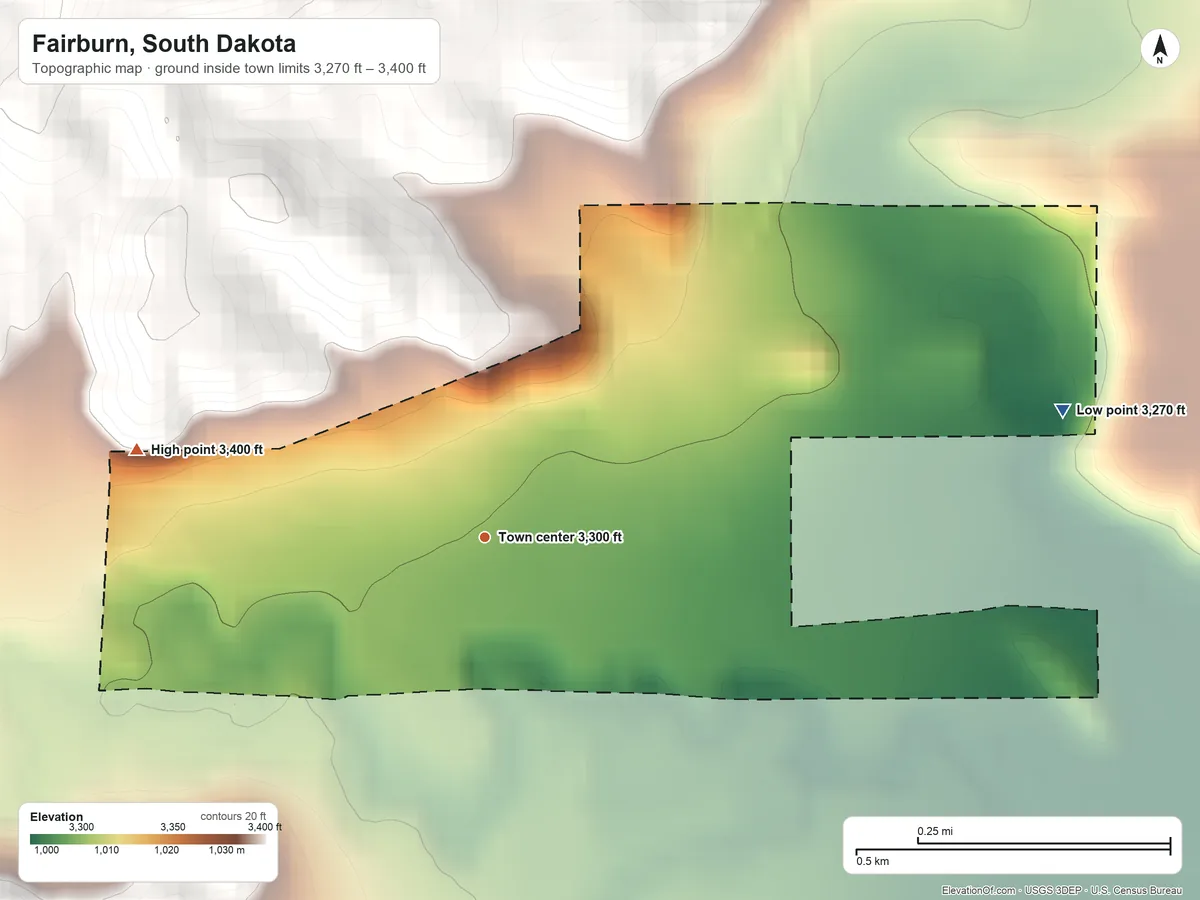 Topographic elevation map of Fairburn, South Dakota, shaded from 3,270 ft on the east side to 3,400 ft on the west side