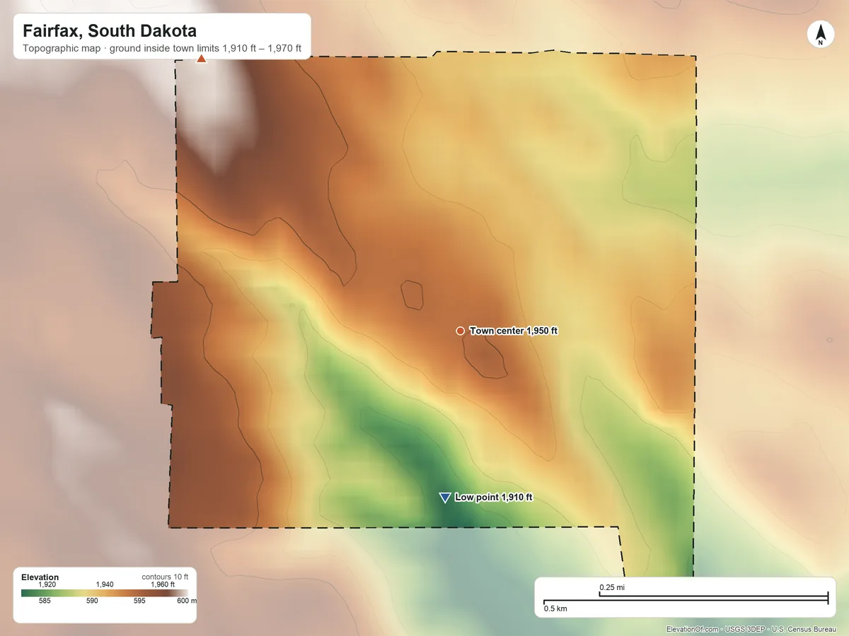 Topographic elevation map of Fairfax, South Dakota, shaded from 1,910 ft on the south side to 1,970 ft on the northwest side