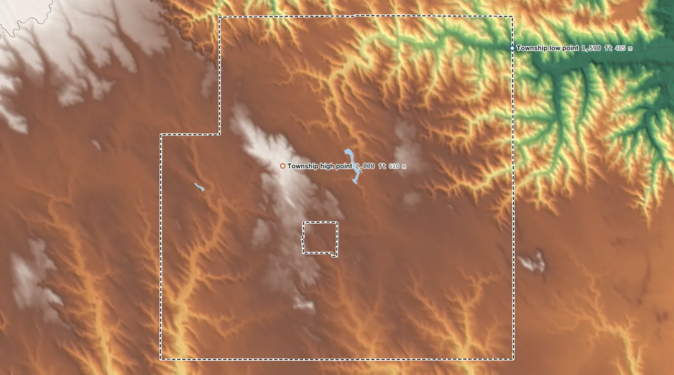 Topographic elevation map of Fairfax Township, South Dakota, shaded from 1,590 ft on the northeast side to 2,000 ft near the middle