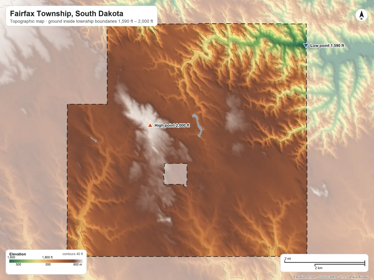 Topographic elevation map of Fairfax Township, South Dakota, shaded from 1,590 ft on the northeast side to 2,000 ft near the middle