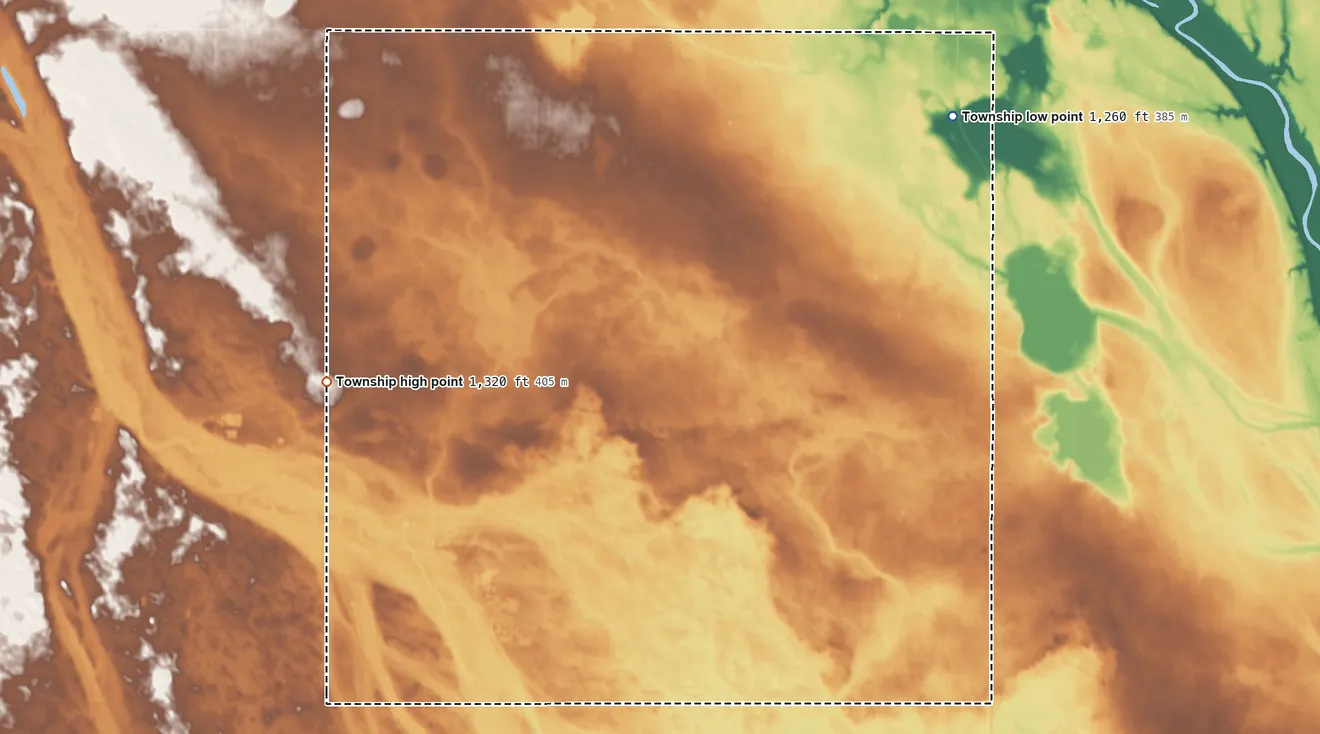 Topographic elevation map of Fairfield Township, South Dakota, shaded from 1,260 ft on the northeast side to 1,320 ft on the west side