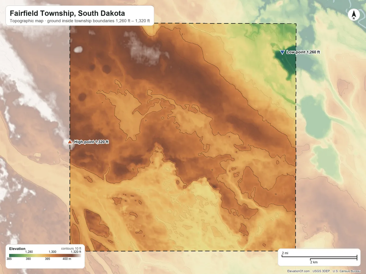 Topographic elevation map of Fairfield Township, South Dakota, shaded from 1,260 ft on the northeast side to 1,320 ft on the west side