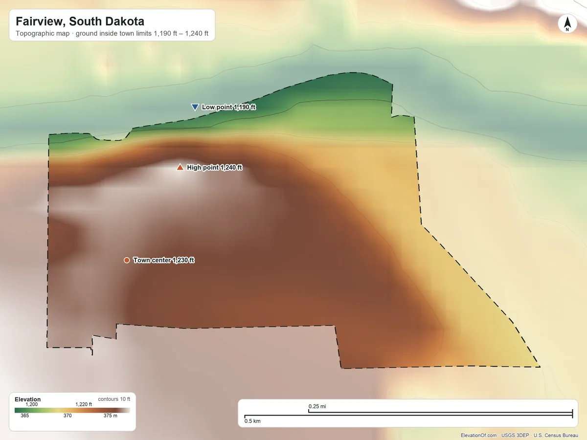 Topographic elevation map of Fairview, South Dakota, shaded from 1,190 ft on the northeast side to 1,240 ft on the northeast side