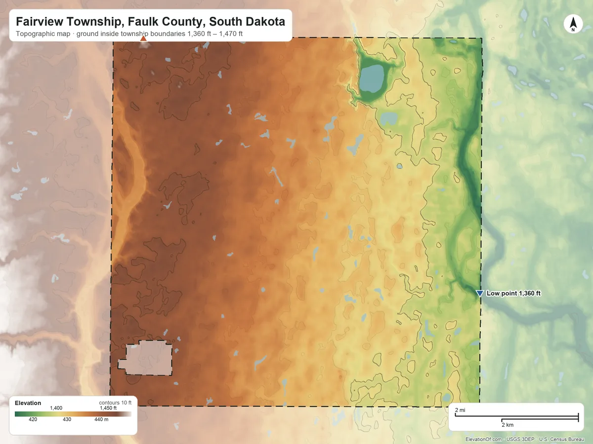 Topographic elevation map of Fairview Township, Faulk County, South Dakota, shaded from 1,360 ft on the southeast side to 1,470 ft on the northwest side