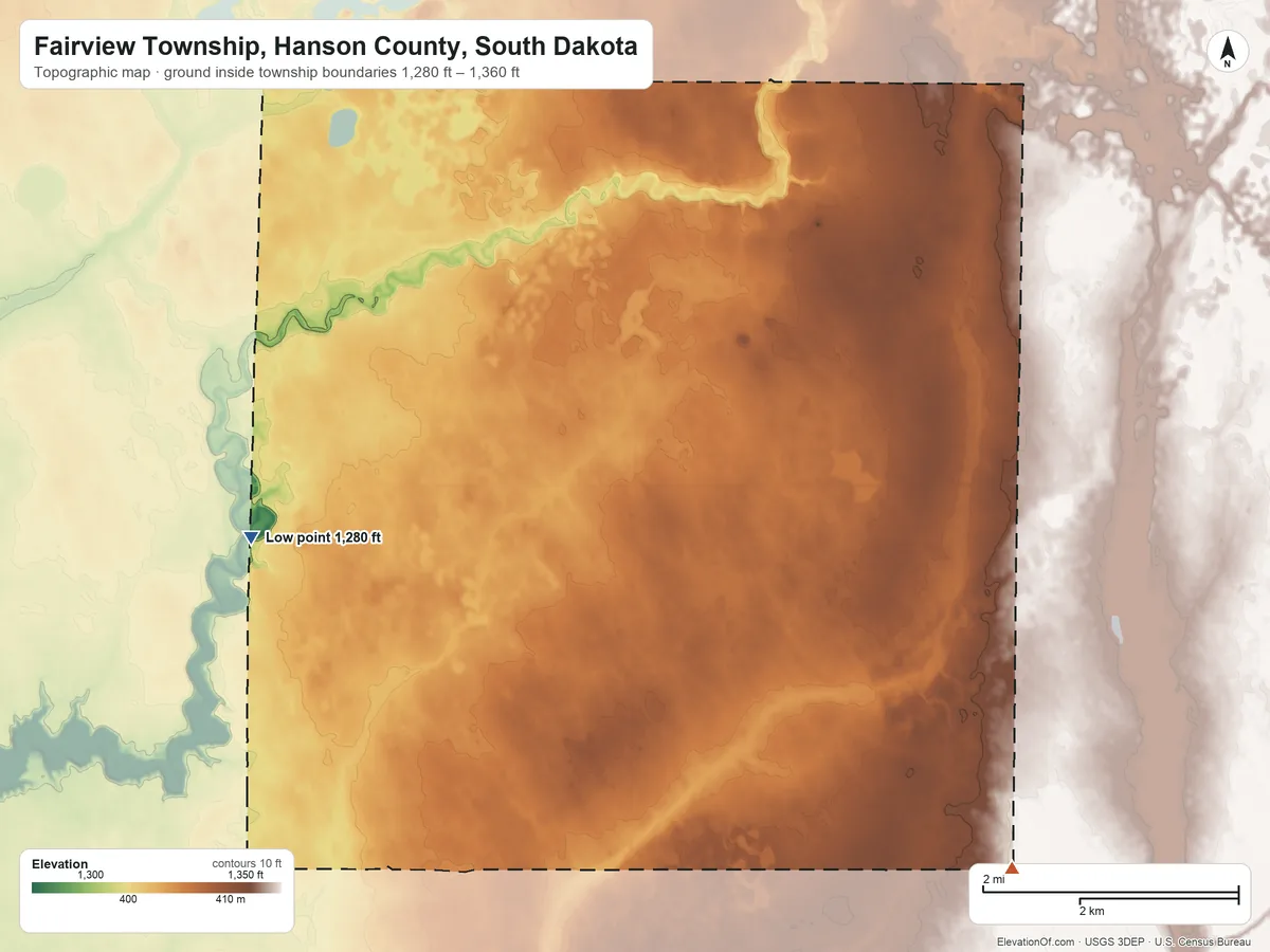 Topographic elevation map of Fairview Township, Hanson County, South Dakota, shaded from 1,280 ft on the west side to 1,360 ft on the southeast side
