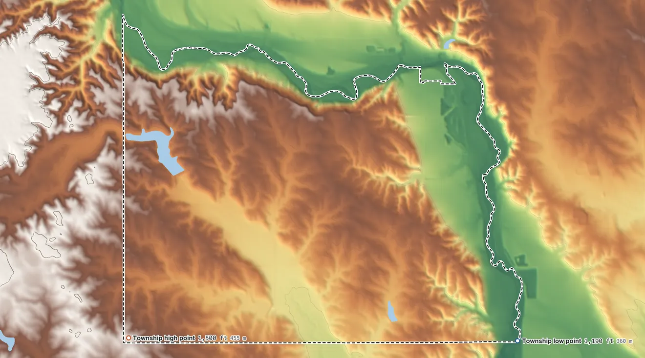 Topographic elevation map of Fairview Township, Lincoln County, South Dakota, shaded from 1,190 ft on the southeast side to 1,500 ft on the southwest side